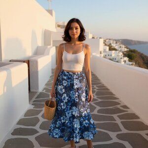 Mlle Gabrielle Blue Gray Floral Gauzy Tiered Peasant Maxi Skirt Medium Festival